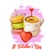 St. Valentine`s day holiday greeting card with cup of coffee, macarons and heart shape chocolate candy. Digital art illustration