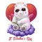 St. Valentine`s day holiday greeting card with panda bear cupid amour sitting on cloud with wings and halo. Digital art