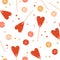St. Valentine`s Day seamless pattern with heart-shaped lollipops colorful dragees with drawn hearts and confetti