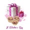 St. Valentines day holiday greeting card with present gift boxes and sweet candy cookies isolated. Digital art illustration of