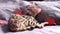 St Valentines Day romantic video with bengal cat and red hearts, lovely kitten laying on wooly cover. Horizontal video
