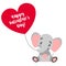 St Valentineâ€™s Day. Baby elephant sitting with red heart balloon. Gray and pink. Cartoon style. Funny and cute. African animal.