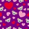 St Valentineâ€™s Day. Seamless pattern. Baby koala head smiling. Cartoon style. Funny and cute. Red, pink hearts. Purple