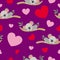 St Valentineâ€™s Day. Seamless pattern. Baby koala sleeping on eucalyptus tree. Funny and cute. Red, pink hearts. Purple