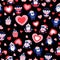 St Valentineâ€™s day. Seamless pattern with blue baby penguins wearing pink, red and white sweaters, hats and scarfs. Black