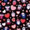 St Valentineâ€™s day. Seamless pattern with blue baby penguins wearing pink, red and white sweaters, hats and scarfs. Black
