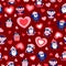 St Valentineâ€™s day. Seamless pattern with blue baby penguins wearing pink, red and white sweaters, hats and scarfs. Maroon