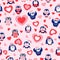 St Valentineâ€™s day. Seamless pattern with blue baby penguins wearing pink, red and white sweaters, hats and scarfs. Pink