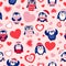 St Valentineâ€™s day. Seamless pattern with blue baby penguins wearing pink, red and white sweaters, hats and scarfs. Pink