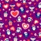 St Valentineâ€™s day. Seamless pattern with blue baby penguins wearing pink, red and white sweaters, hats and scarfs. Purple