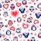 St Valentineâ€™s day. Seamless pattern with blue baby penguins wearing pink, red and white sweaters, hats and scarfs. White