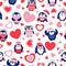 St Valentineâ€™s day. Seamless pattern with blue baby penguins wearing pink, red and white sweaters, hats and scarfs. White
