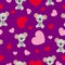 St Valentineâ€™s Day. Seamless pattern. Cartoon baby koala sitting and smiling. Funny and cute. Red, pink hearts. Purple