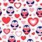 St Valentineâ€™s Day. Seamless pattern with hearts and blue baby penguins wearing pink, red and white sweaters, hats and