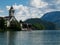St Wolfgang/Austria - June 2 2019: Old Catholic church placed at the lake in St. Wolfgang in the austrian alps