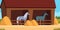 Stable for horse. Care for domestic animal strong horses eating equestrian equipment concept vector cartoon background