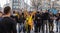 STACHUS, MUENCHEN, APRIL 6, 2019: bvb fans on the way to a public viewing location for the soccer game fc bayern munich vs