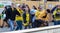 STACHUS, MUENCHEN, APRIL 6, 2019: bvb fans on the way to the soccer game fc bayern munich vs borussia dortmund