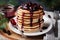 Stack of american pancakes or fritters with strawberry and blueberry jam in white plate on wooden rustic table decorated Christmas