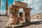 Stack of ancient pillars of scrap buildings at old city Amman Citadel, Jordan. historical and scientific research sites