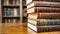 Stack of antique leather books in library. literature or reading concept, copy space