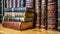 Stack of antique leather books in library. literature or reading concept, copy space