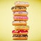 Stack of assorted donuts on pastel background.