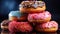 Stack of assorted donuts, with some having frosting and sprinkles on top. There are at least five different types of
