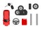 Stack of automobile wheels, tires and petrol canister with steering wheel. Vehicle ignition keys and red automobile