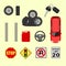 Stack of automobile wheels, tires and petrol canister with steering wheel. Vehicle ignition keys and red automobile top