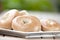 Stack of bagel on white plate