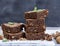 Stack of baked square pieces of brownie pie