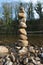 A stack of balanced stones next to a river