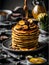 A stack of banana pancakes drizzled with honey