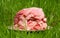 Stack of beef slices on grass background