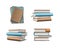 Stack of beige and blue pastel books. Books various colors isolated on white