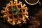 Stack Belgian waffles iced cocoa with chocolate sauce decorated mint leaves o