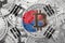 Stack of Bitcoin South Korea flag. Bitcoin cryptocurrencies concept. BTC background.