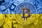 Stack of Bitcoin Ukraine flag. Bitcoin cryptocurrencies concept.