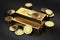 Stack of Bitcoins and gold ingots bullion bar. Cryptocurrencies as a future gold most precious commodity in the world