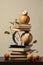 A stack of books with an apple on top. Surreal still life.