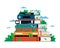 Stack of books concept. Vector conceptual illustration of a pile of different books among nature and plants. Concept of education