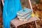 Stack of books forgotten on a chair in park