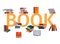 Stack of books on gigant letters on a white background vector illustration. Piles of books and open journals. Icon stack