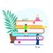 Stack of books with home plant. Small peoples. Flat style. Vector illustration
