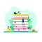 Stack of books with home plants. Small peoples. Flat style. Vector illustration