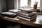 stack of books and journals on home office desk