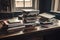 stack of books and journals on home office desk