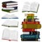 Stack of books for Lover of literature. Open Encyclopedias for reading. Inverted pages. Object in contemporary style