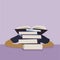 Stack of Books with Mysterious Figure in Purple Hues